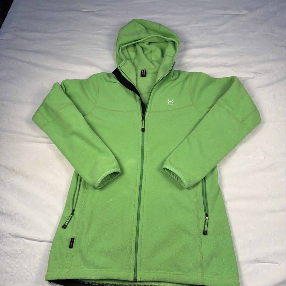 Haglofs Polartec Fleece Hoodie Womens Medium Lime Green Full‎ Zip Jacket Hiking